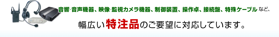 音響・音声機器、映像・監視カメラ機器、制御装置、操作卓、接続盤、 特殊ケーブルなど、幅広い特注品のご要望に対応しています。